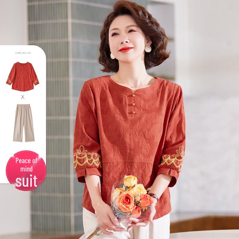 PAST Moms' Summer Breathable Cotton 3/4 Sleeve Top & Pants Set