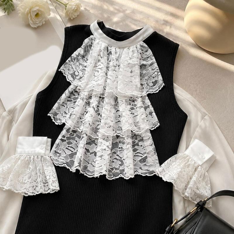 White Lace False Collar and Cuffs Sleeves for Women Girl, High Neck Ruffle Collar Decorative Accessory for Costume Styling, Stage Show Layering