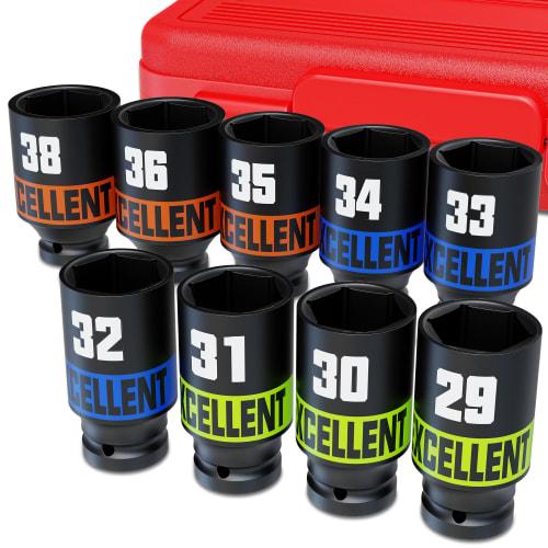 

Arwealxs 9-Piece Deep Socket Set, 12.7mm 1/2 Impact Socket Set, 29mm-38mm Hex Socket Set with Adapters, for Automotive Repair and DIY