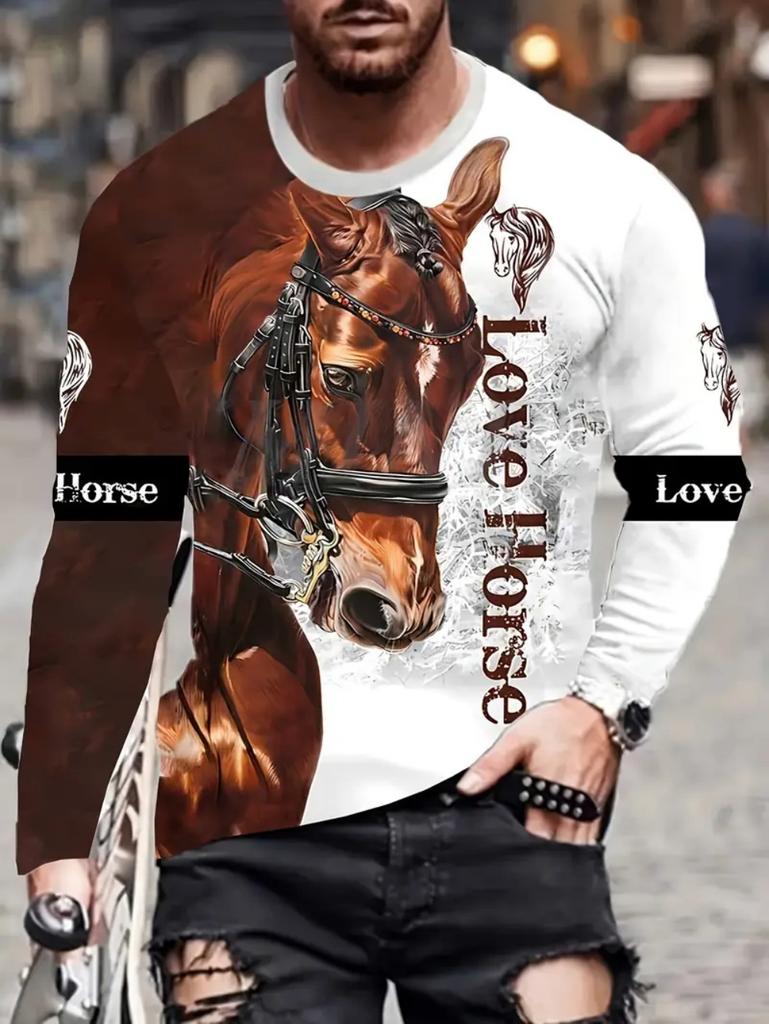 Men's T-Shirt Running Horse Graphic 3D Print Fashion Long Sleeve Crew Neck Unisex Tee Shirt Casual Summer Personality Men's Top