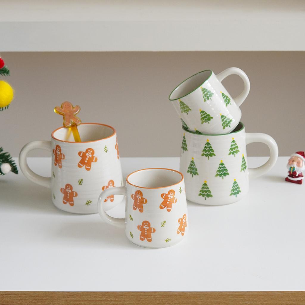 Christmas Embossed Line Mug Exquisite and Beautiful Christmas Gingerbread Man Striped Ceramic Mug Coffee Cup Suitable for Christmas Holiday Decoration