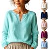 Women's Linen Long Sleeve Shirt Lace Trim V-Neck Loose Fit Blouse