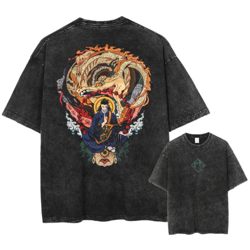 Jujutsu Battle Men's and Women's Summer Washed Outdated Fashion Retro Street Style Anime Printed Cotton T-shirt