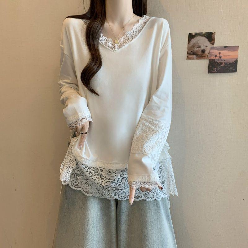 Plus Size V-Neck Velvet Lace Patchwork Long Sleeve Top for Women - Autumn/Winter 2025 Fashion