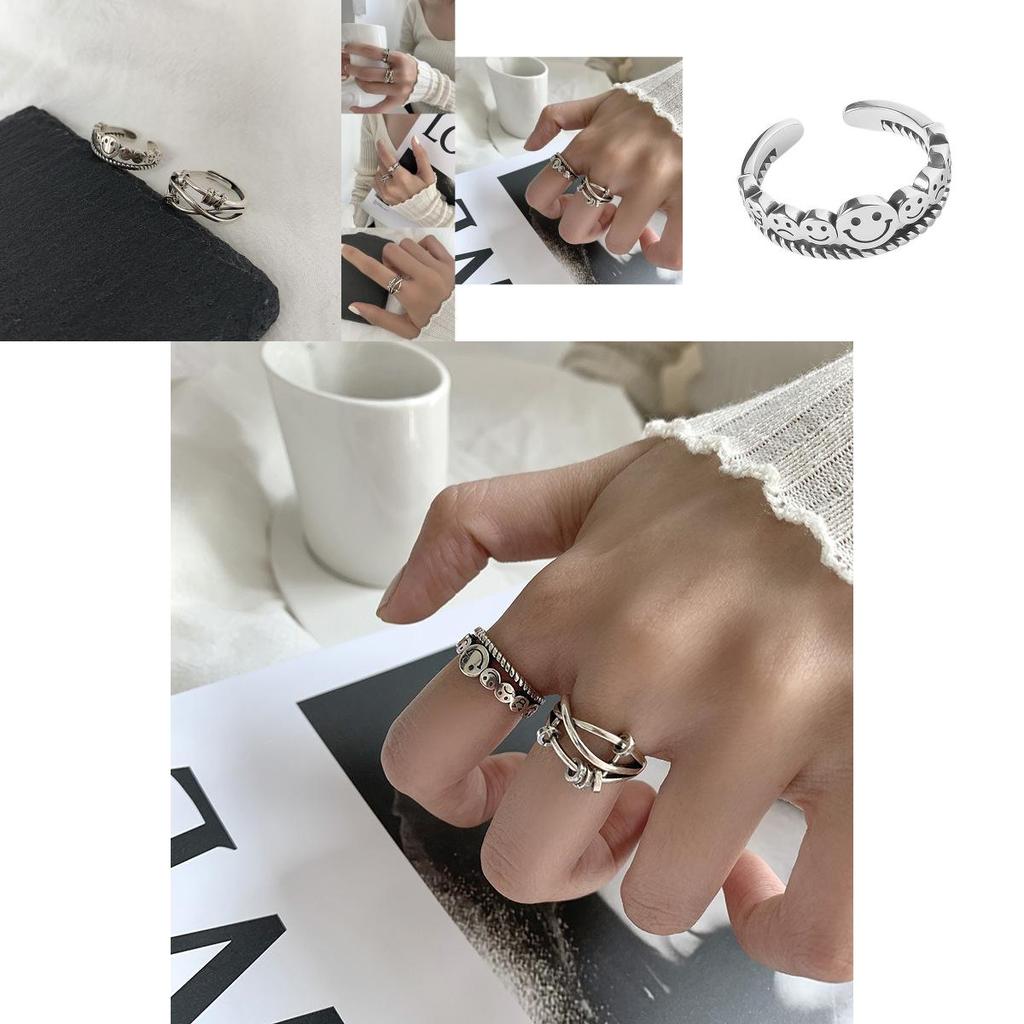 Exquisite 925 Silver Vintage Style Hip Hop Smiley Face Adjustable Ring For Women