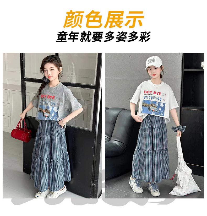 Girls' summer plaid skirt set, children's Korean style casual loose short sleeved shirt, big children's half skirt two-piece set