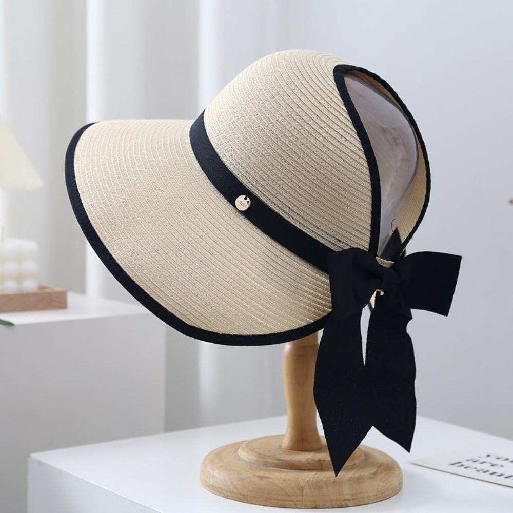 Large Brim Summer Straw Hat Bowknot Design Wide Brim Hat Elegant Empty Top Sun Hat for Women