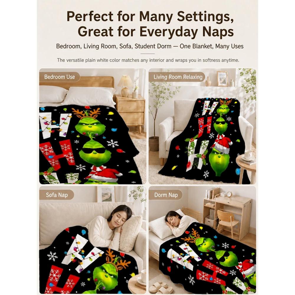 Ho Ho Ho Merry Grinch Christmas Theme Cartoon Flannel Blanket Soft Warm Throw Blanket For Office Sofa Lightweight Home Decor Memorial Gift