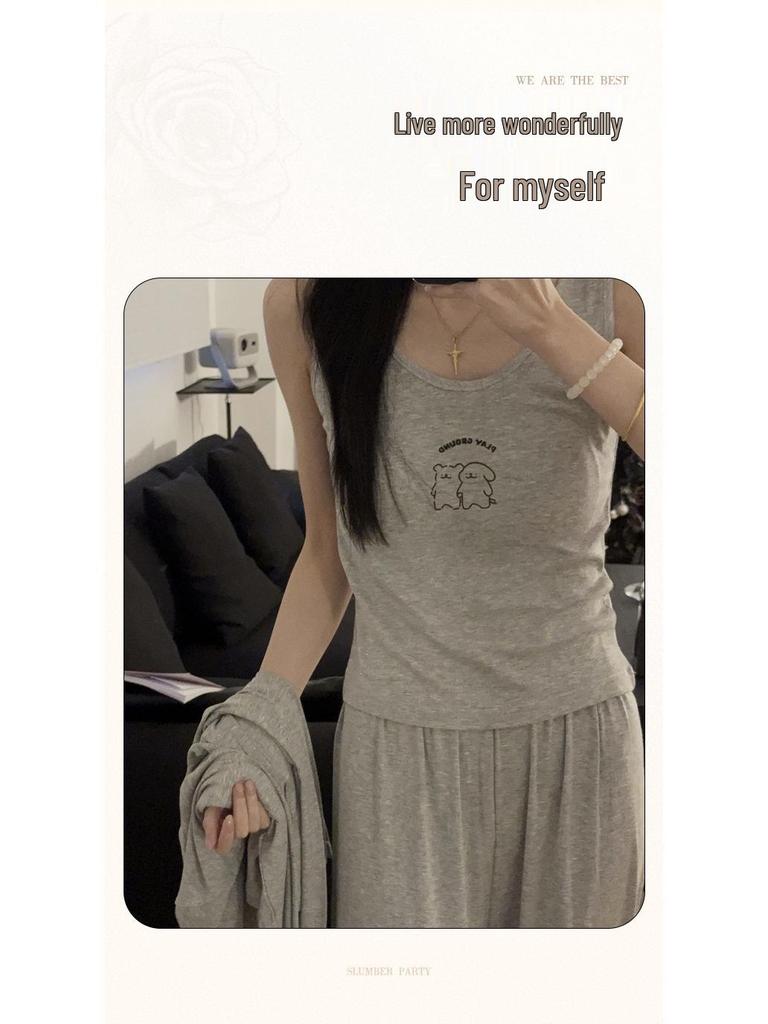 Women's Modal Cotton Pajama Set - Three-Piece Sleeveless and Long Sleeve with Chest Pads for Indoor or Outdoor Use