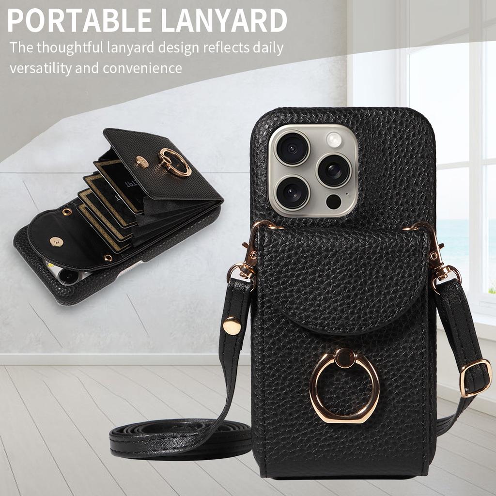 Litchi Texture Wallet Case for iPhone 16 Pro Max/15 Plus, Rugged Shockproof Cover with Card Holder & Ring Kickstand, Heavy Duty Protective Case
