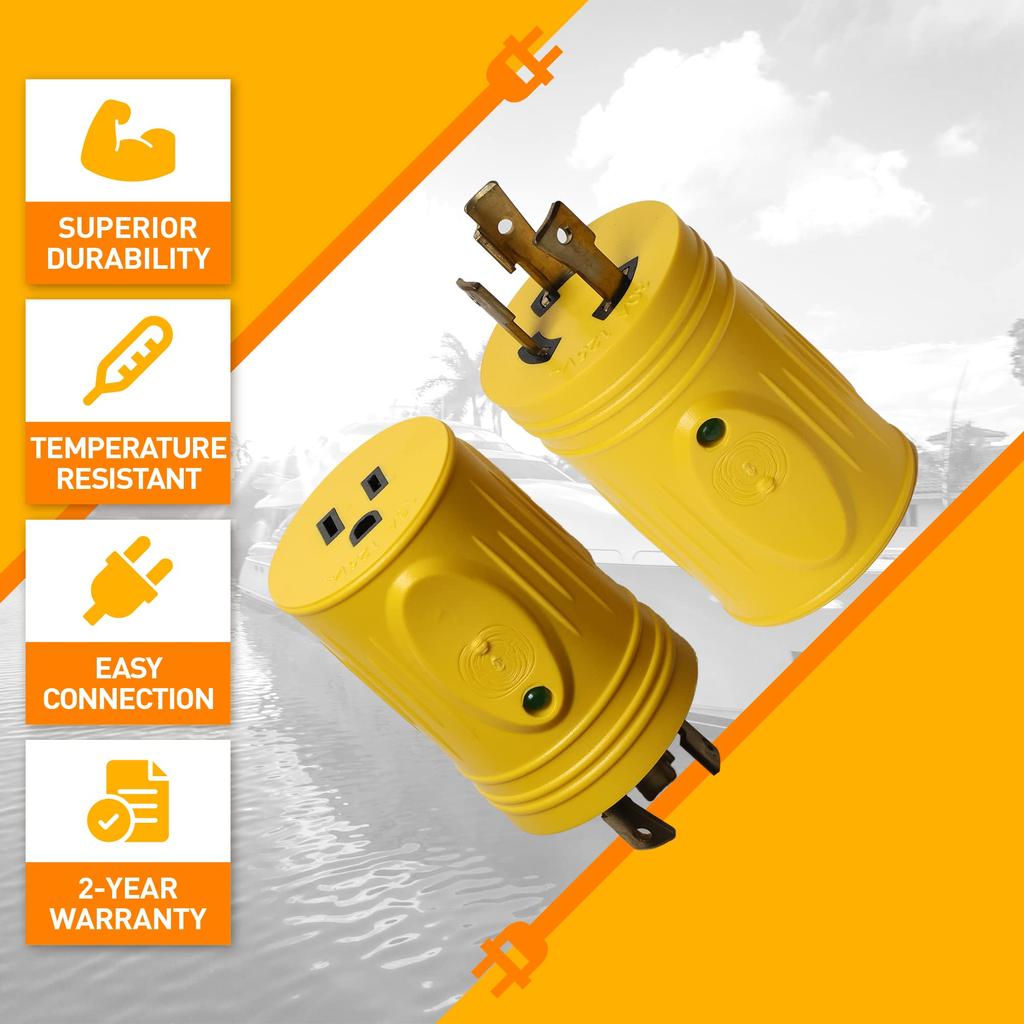 Marvine Cable Shore Power Adapter 30A Lock Male L5-30P to 15A5-15R Female (with LED) Display