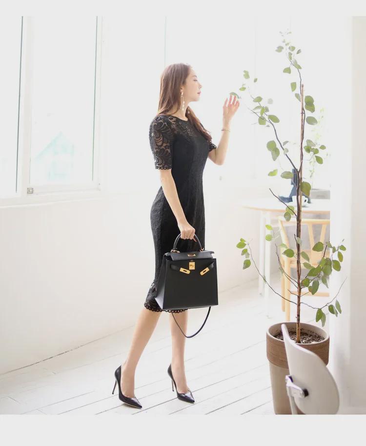 2025 Korean Style Lace Elegant Slim Dress - Short Sleeve, Medium-Long Length