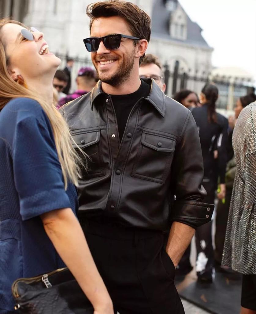 Ledig Formell Handgjord Äkta Mjukt Lammskinn Läder Stilfull Svart Herrskjorta