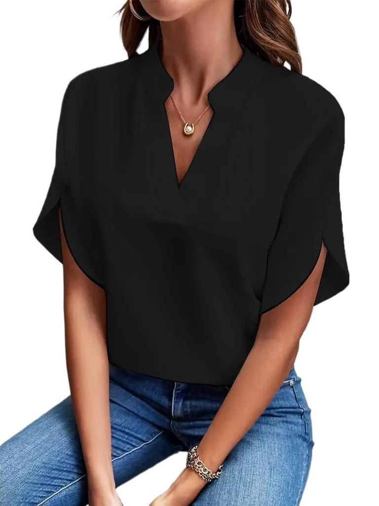 EastRogue  Women's Fashion Casual Summer Solid Color Print Short Sleeve V-Neck Blouses & Shirts