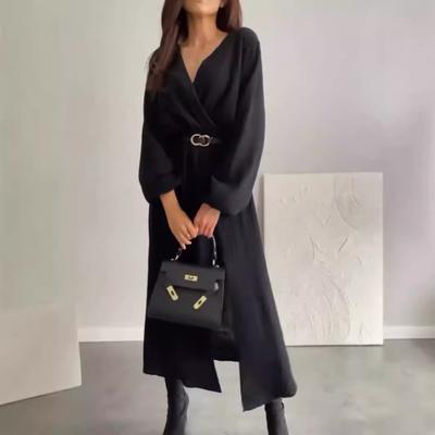 Fall Spring Women Dress V Neck Long Sleeves High Waist Split Hem Loose Solid Color OL Commuting Dating Maxi Dress