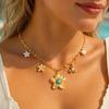 Floral Pendant Necklace, 316L Stainless Steel 18K Gold Plated, Textured Flower with Turquoise Pearl Charms, Waterproof Jewelry