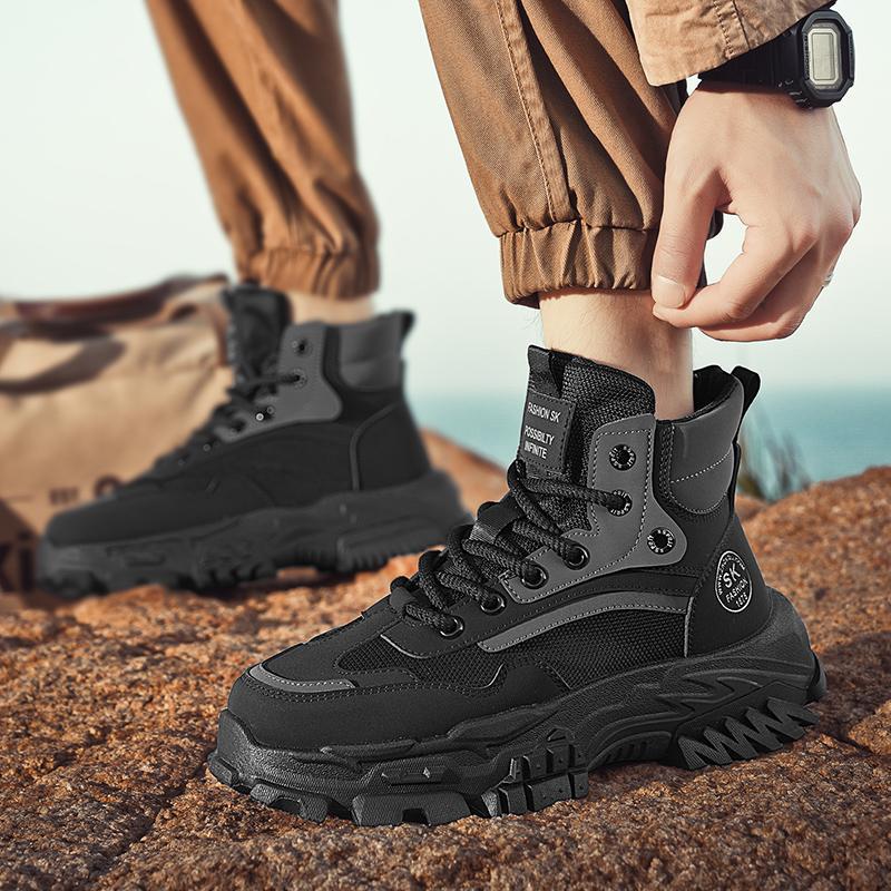 Labor Insurance Men's Shoes Autumn and Winter Outdoor Mountaineering Non-slip and Wear-resistant Work Sports Thick Soles Heightening Black Martin Boot