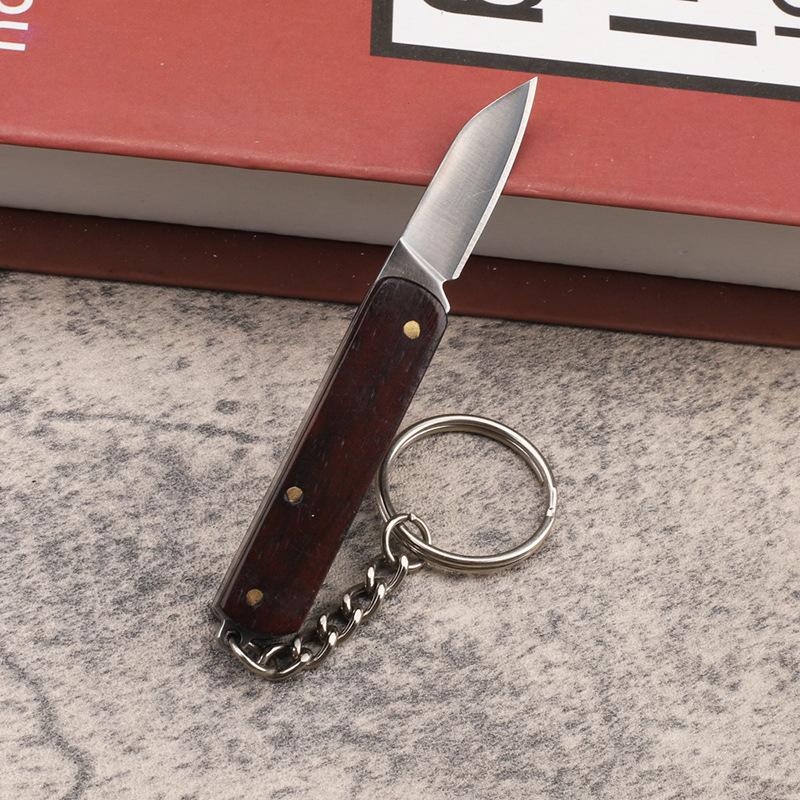 Stainless Steel Mini Portable Folding  Pocket Knife  Sandalwood Handle Keychain Unpacking Cutter Outdoor EDC Tool for Camping