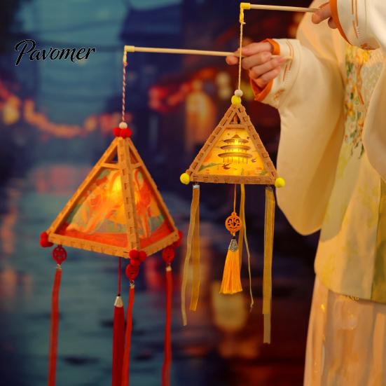 Kindergarten Art Project Supplies Chinese Style DIY Lantern Making Kit, Handmade Triangle Shaped Handheld Educational Craft Set for Kids with