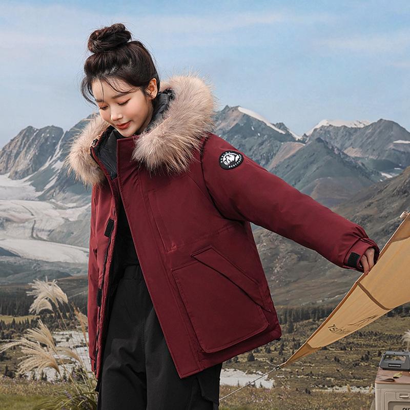 Mittellange, wattierte Baumwolljacke für Damen im Winter, neuer koreanischer Stil, Kapuze, großer Pelzkragen, dick gefütterte Damen-Parkajacke