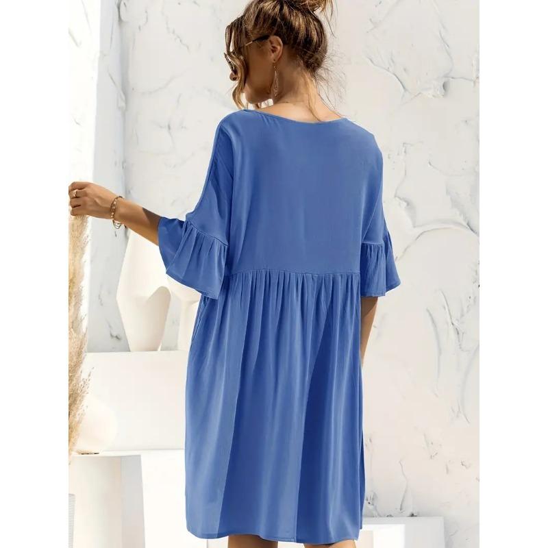 Ruffle Hem Crew Neck Dress, Casual Short Sleeve Dress For Spring & Summer, Women's Clothing
