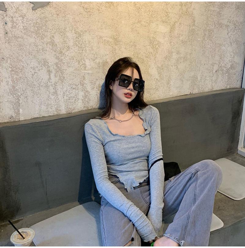 Women's Gray Long-Sleeve Tight Fit Short T-Shirt, Autumn 2025 Fashion.