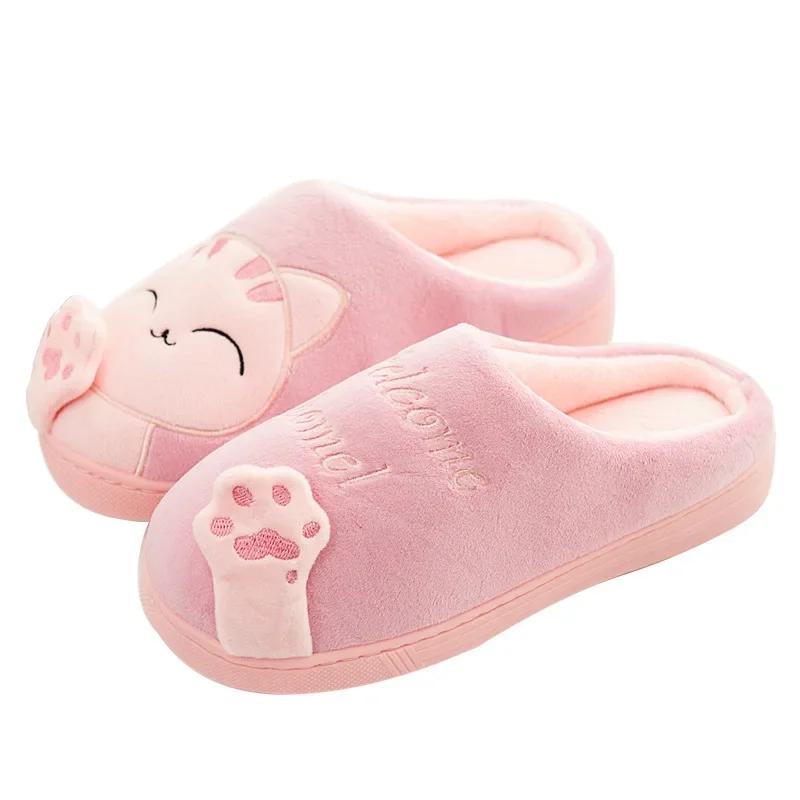 Women Winter Warm Slippers Cartoon Cat Shoes Furry Plush Slides Round Toe Flats Indoor Home Bedroom Floor Slippers Ladies Shoe