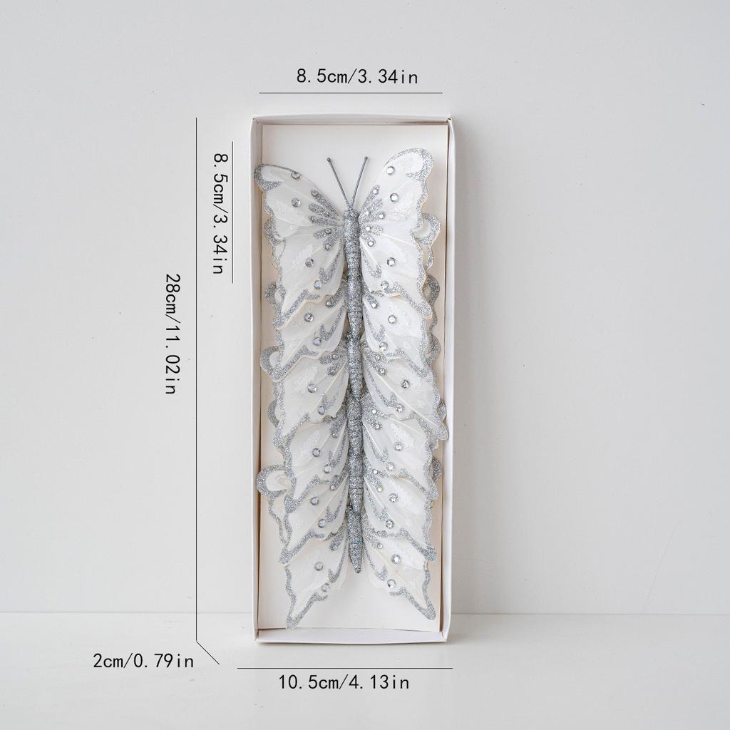 1 Box of 6 Butterfly Christmas Tree Ornaments Glitter Simulation Butterfly Scene Atmosphere Layout Decoration   Christmas Tree Embellishment