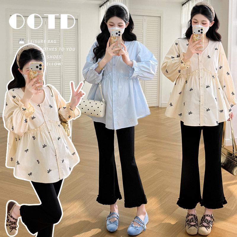 2026 Spring Embroidered Maternity Shirt & Slimming Micro-Flare Pants Set L