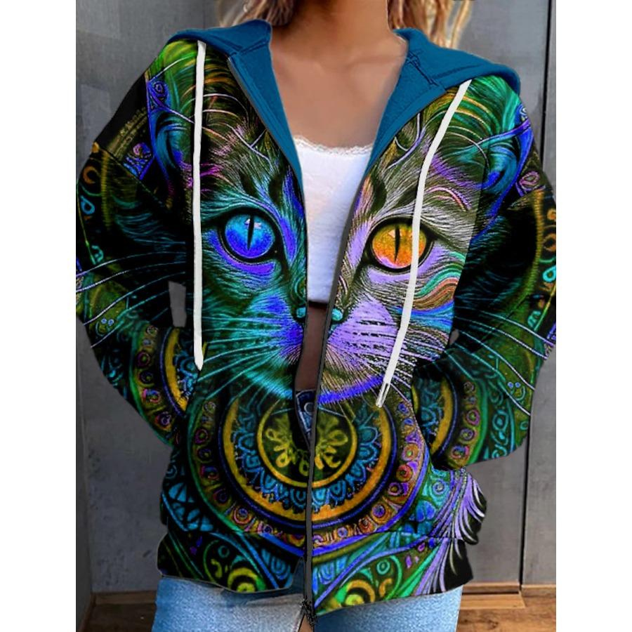 Autumn Women's Clothing Winter Printed Hooded Sweatshirt Sportwear Zipper Down 3D Pocket Hoodies Coat for Women