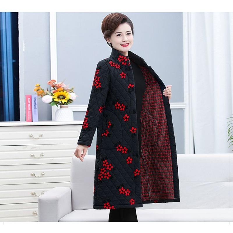 Chinese Style Embroidered Cotton Coat for Middle Aged Women Thickened Warm Long Jacket with Frog Buttons