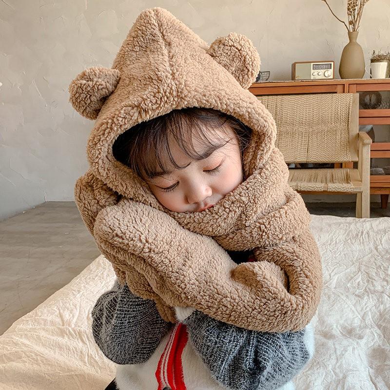 Warm Knitted Rabbit Ear Hat With Scarf Kids Women Winter Outdoor Wear Soft Fleece Lined Adjustable Hooded Beanie