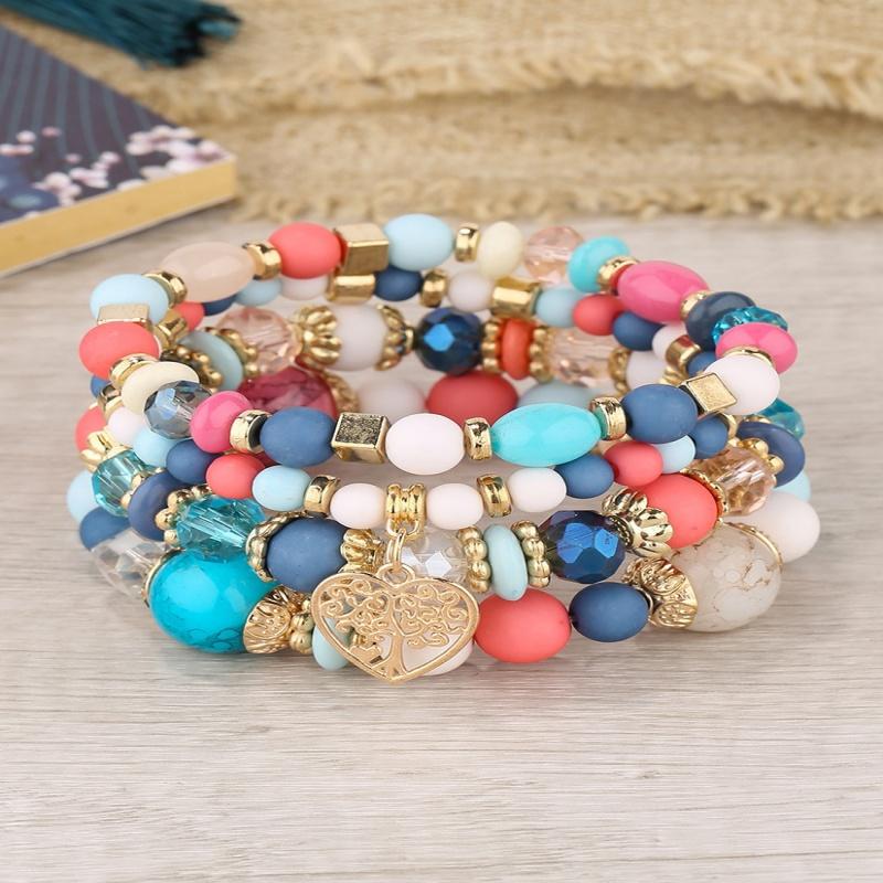 Fashion Summer  Acrylic Beads Chain  New Bracelet Set For Women Tree Of Life Charm Elastic Bangle Female Bohemian Zircon