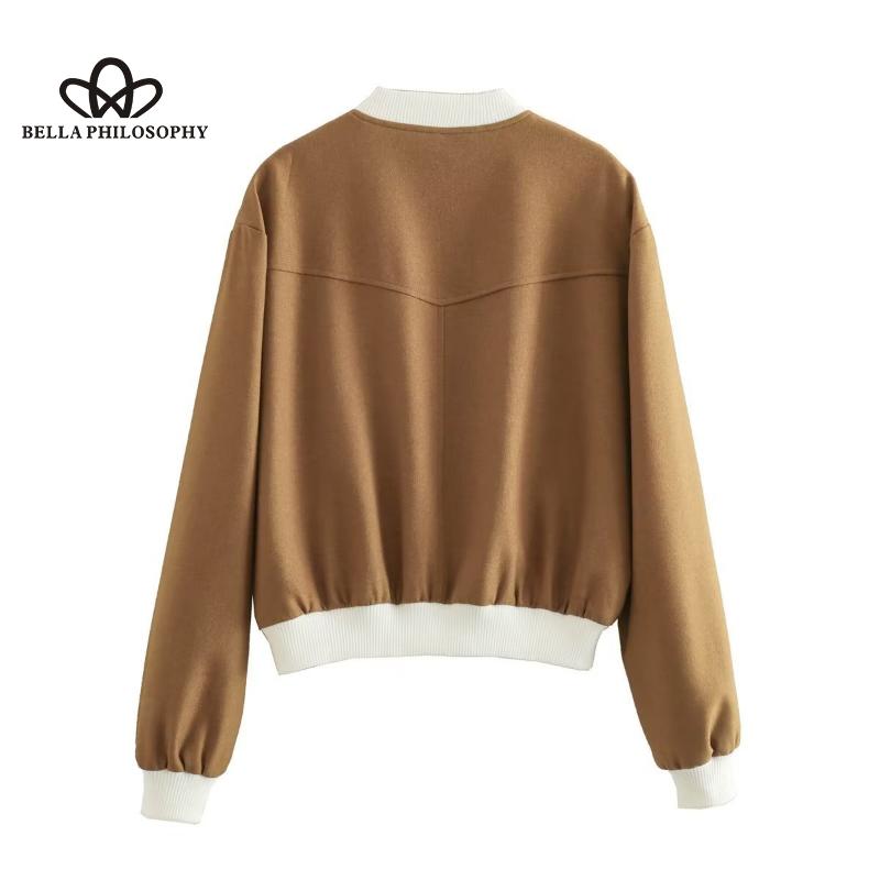 Vertical Collar Double Pocket Contrast Biker Aviator Jacket Coat Women's Top