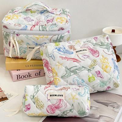 1Pc Colorful Marine Life Pattern Quilting Cosmetic Bag, Cosmetic Pouch, Makeup Bag Large Capacity Kawaii Toiletries Bag Travel Toiletry Organizer