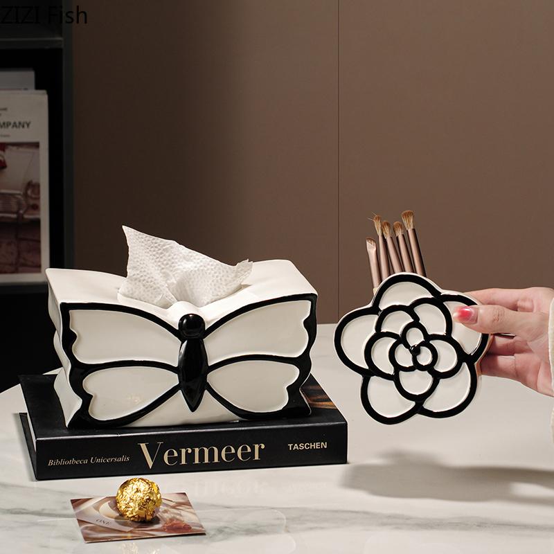 Black and White Butterfly Decorative Tissue Box Coffee Table Desk Decoration Ceramic Tissue Box Bedside Table Paper Towel Case
