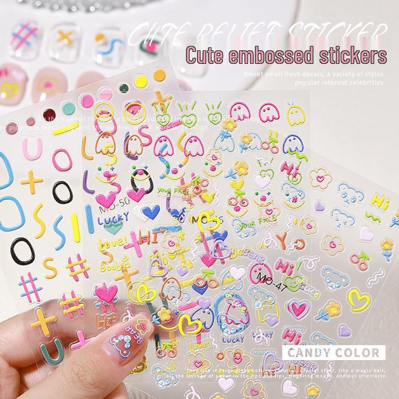

Embossed Nail Stickers: 3D Graffiti Teddy Bear & Flower Letter Designs