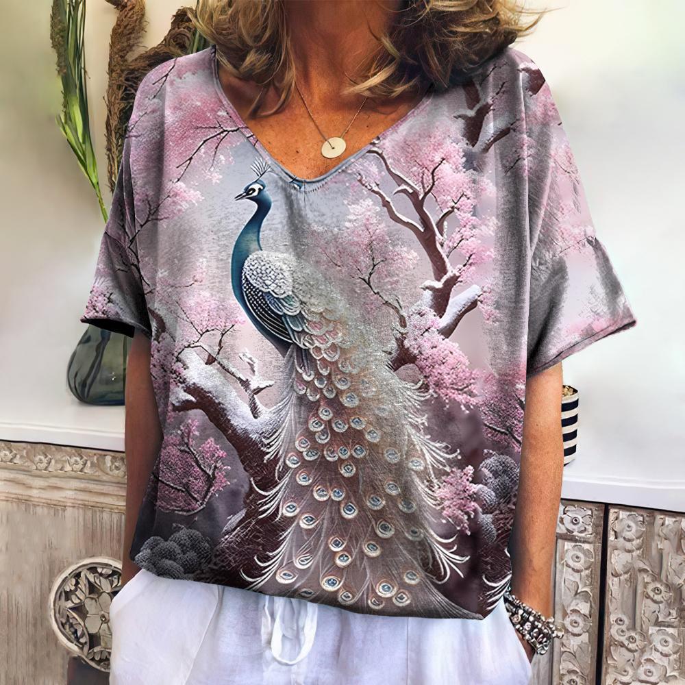 Summer Women's Clothing T-Shirt V-Neck Short Sleeve Oversize Tshirts Animals Casual Tops Fashions Woman Pullover 2024 Streetwear