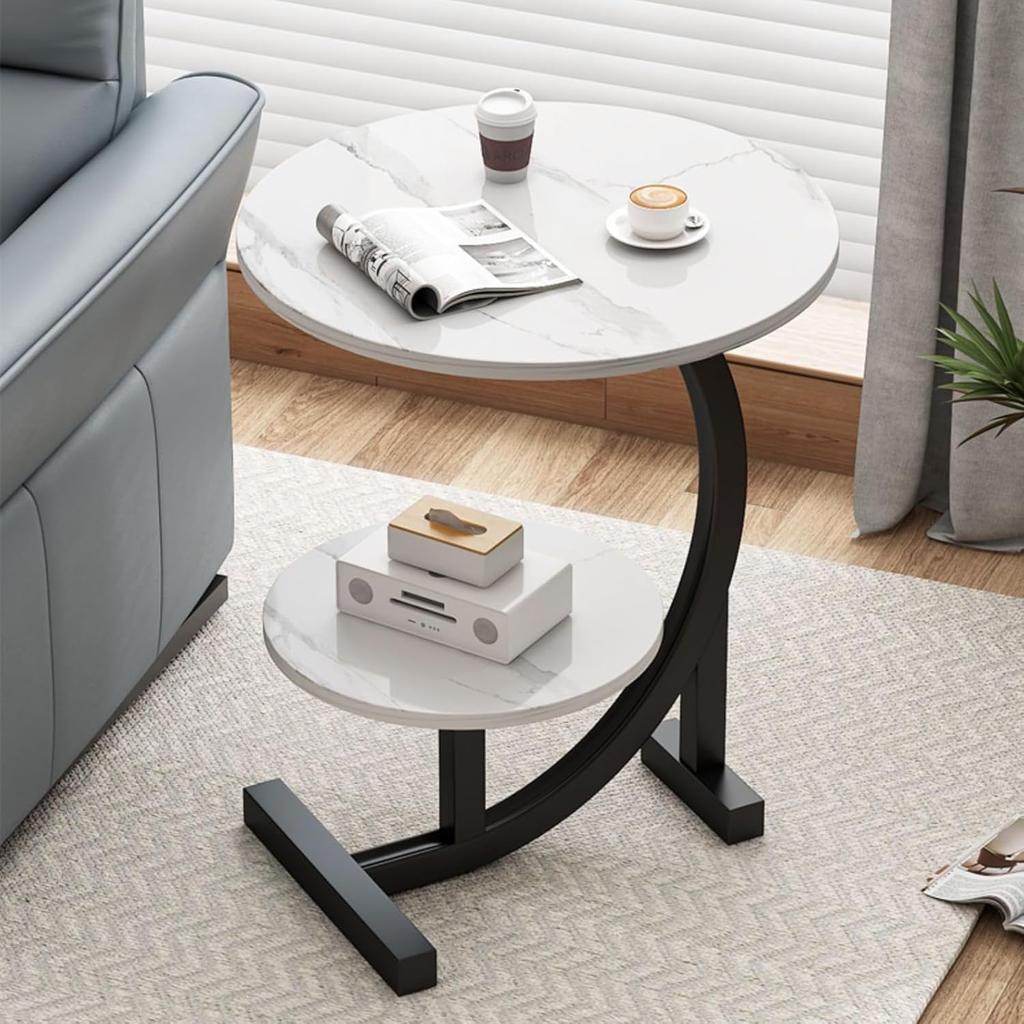 2 Tier End Table, C Shaped Side Table with Metal Frame, Small Coffee Table with Storage, Round Sofa Table for Living Room, Bedside Table for Bedroom,