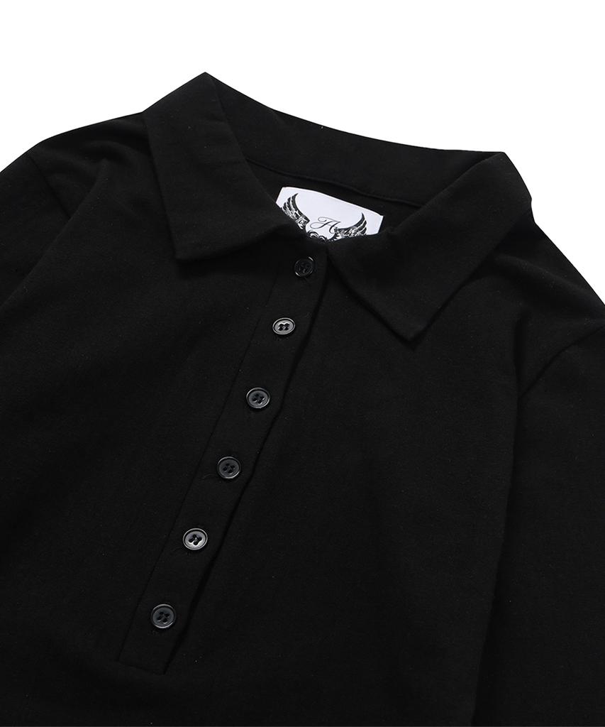 Gillaakaibeu Cross Button Collar Long Sleeve_Black