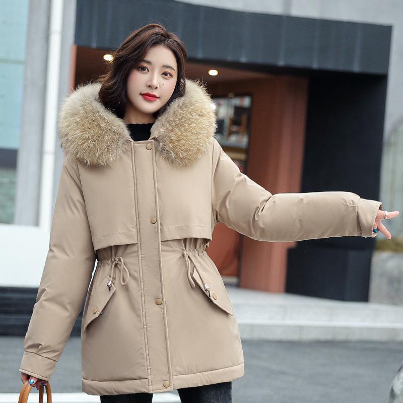 Nuovo cappotto invernale lungo da donna in cotone imbottito, in rete rossa, per superare il collo in pelliccia grande, foderato in pile, taglie forti, in vita, corto