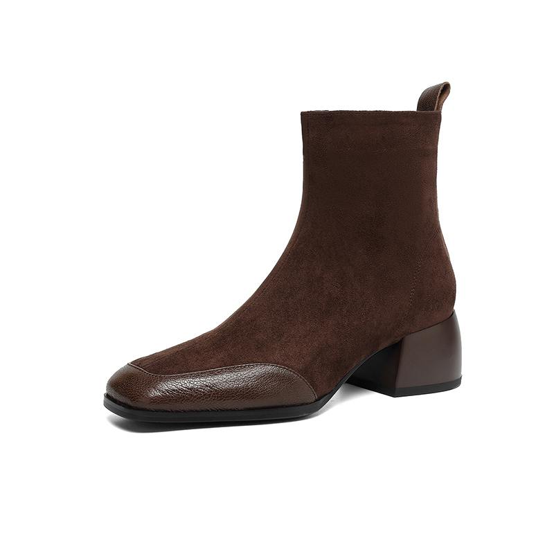 Krazing Pot Sheepskin Flock Winter Square Toe Chunky Heels Chelsea Fashion Boots Women Zip Patch Work Women Ankle Boots