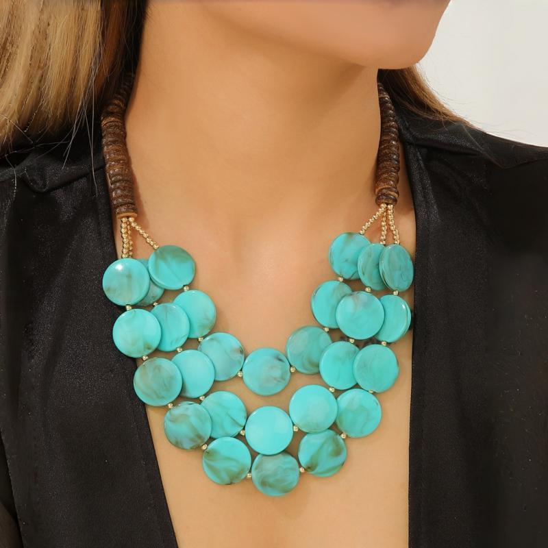 Handmade Trendy Multilayer Beaded Necklace Geometric Round Acrylic Wooden Beads Cute Jewelry for Best Friend Gift for Girls