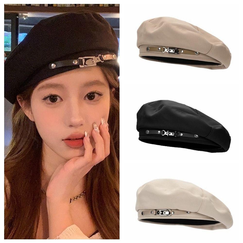 Korean Style Vintage Beret Hat Big Head Circumference Painter Cap Metal Buckle Octagonal Hat Women