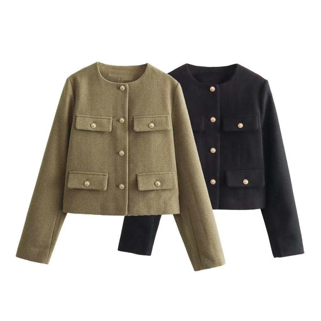 2024 Autumn Women's Pocket Crew Neck Fashion Coat
