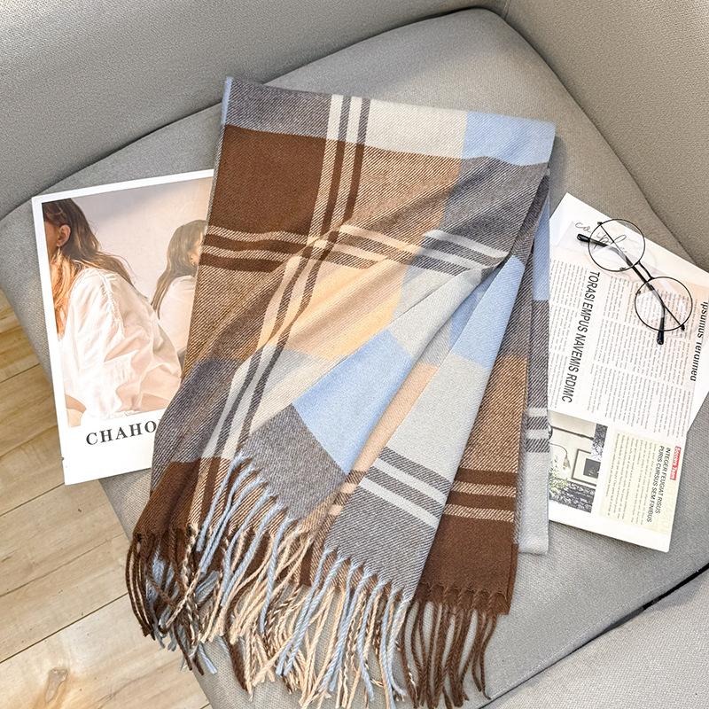 Outono e inverno novo cachecol feminino engrossado imitação de cashmere versátil estudante amigável xale longo cachecol xadrez