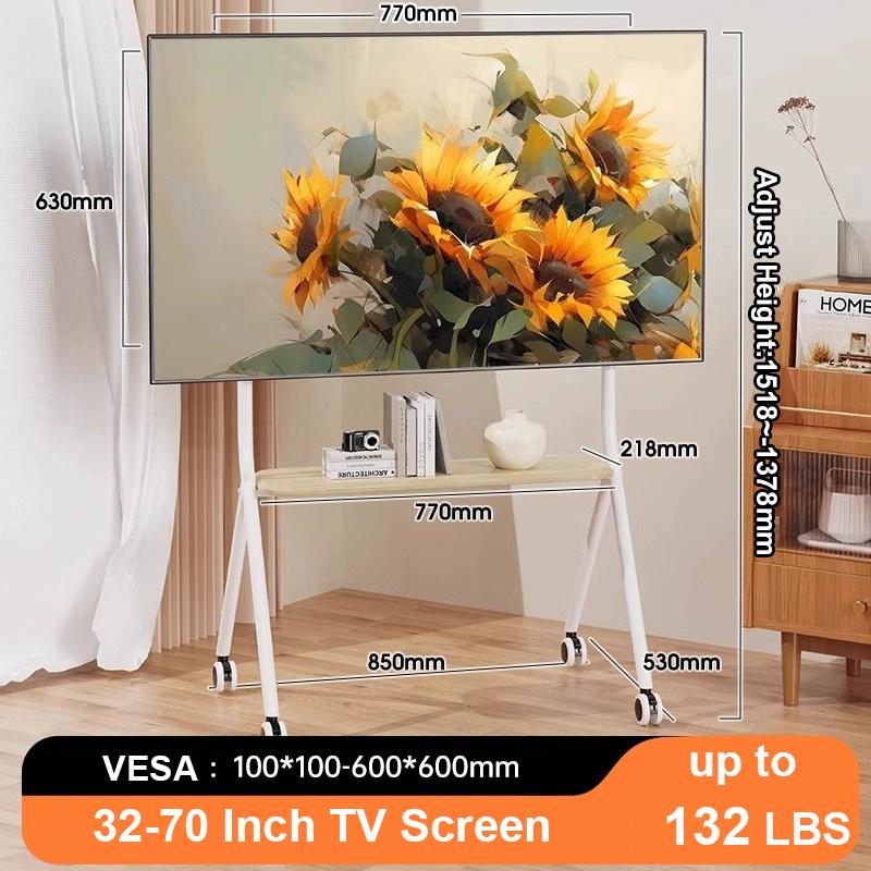 BEISHI Mobile Rolling TV Stand with Wood Shelf, Easy-to-Assemble Roller TV Cart for 32-90 Inches TVs for Living Room Outdoor