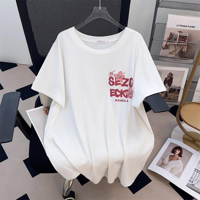 Women's Plus Size Loose-Fit Mid-Length Short-Sleeved Round Neck T-Shirt (660)