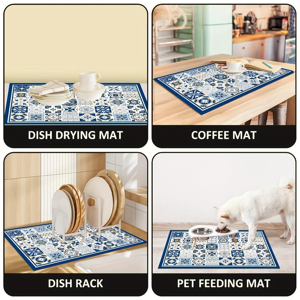 1Pcs Rubber Drying Mat With Retro Blue Simple Print For Coffee Shop Kitchen Carpet Tableware Durable Diatom Mud Table Mat Pet Mat Coffeeware