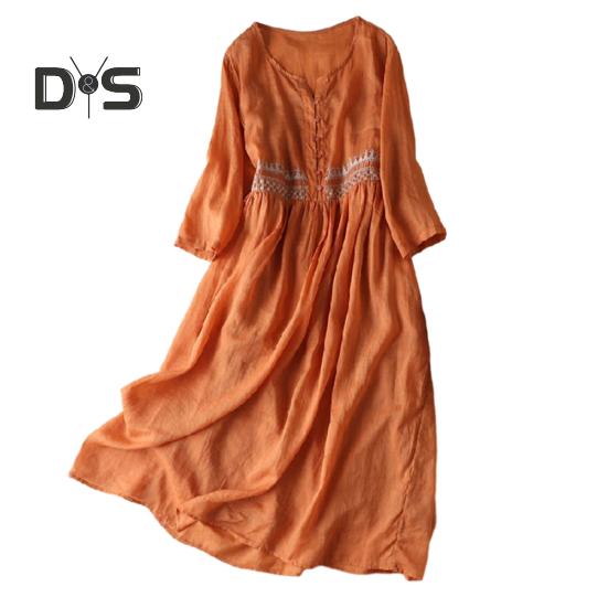 

Летнее ретро-платье в этническом стиле с вышитым принтом и миди-платьем с круглым вырезом, длинными рукавами и пуговицами, повседневное платье А-силуэта длиной до середины голени 3XL оранжевый